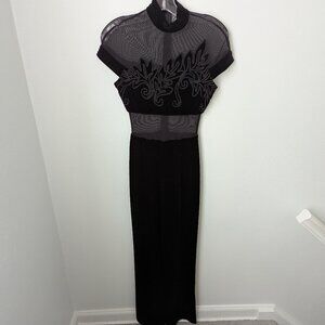 Vintage Ashlee Women's Black Cap Sleeve Semi-Sheer Velvet Cocktail Jumpsuit, 4